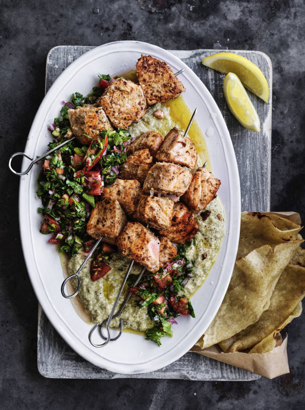 Sumac Salmon Skewers with Hemp Seed Hummus